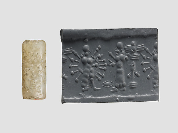Cylinder seal with cultic scene by an unrecorded maker, The Metropolitan Museum of Art