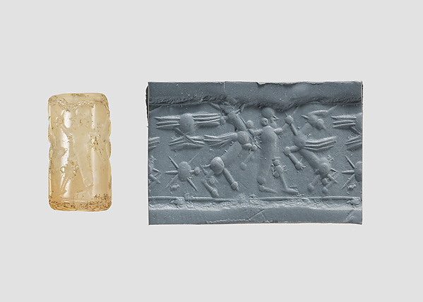 Cylinder seal with three-figure contest scene by an unrecorded maker, The Metropolitan Museum of Art