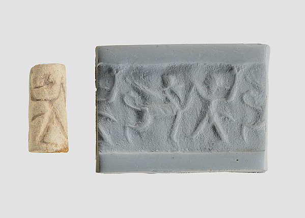 Cylinder seal with two-figure contest scene by an unrecorded maker, The Metropolitan Museum of Art
