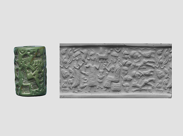 Cylinder seal and modern impression: goddess leading a worshiper to a seated deity; bull god by an unrecorded maker, The Metropolitan Museum of Art
