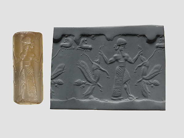 Cylinder seal with three-figure contest scene by an unrecorded maker, The Metropolitan Museum of Art