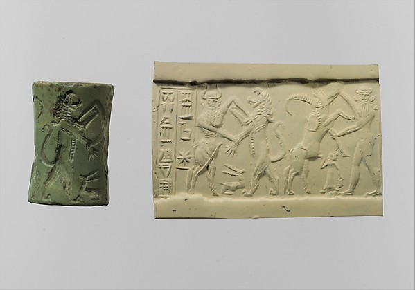 Cylinder seal and modern impression: bull-man combatting lion; nude hero combatting water buffalo; inscription H. 15/16 in. ( 3.4 cm ); Diam. 7/8 in. ( 2.3 cm)