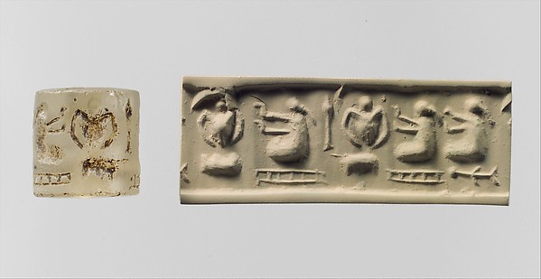 Cylinder seal and modern impression: three "pigtailed ladies" with double-handled vessels 0.79 in. (2.01 cm)