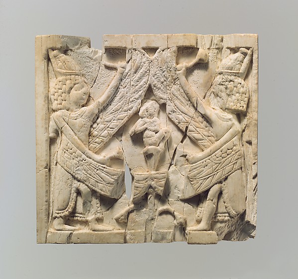 Furniture plaque carved in relief showing two winged, male figures flanking an infant on a lotus flower 3.25 x 3.12 in. (8.26 x 7.92 cm)