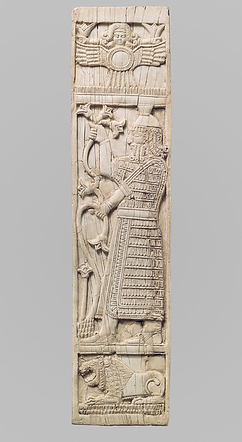 Furniture plaque carved in relief with warrior holding lotuses 11.38 x 2.72 x 0.2 in. (28.91 x 6.91 x 0.51 cm)