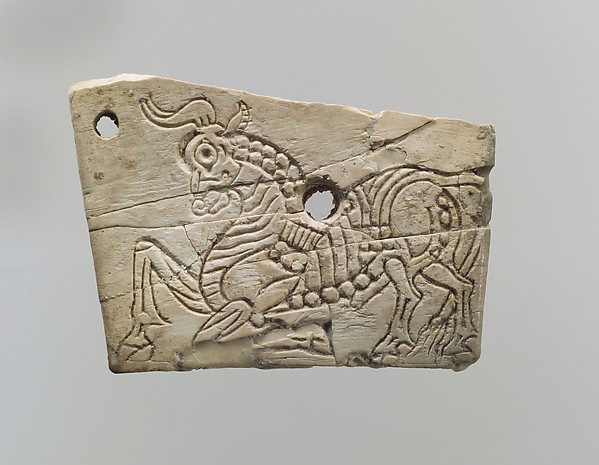 Incised furniture plaque with a kneeling bull 1.54 x 2.13 x 0.16 in. (3.91 x 5.41 x 0.41 cm)