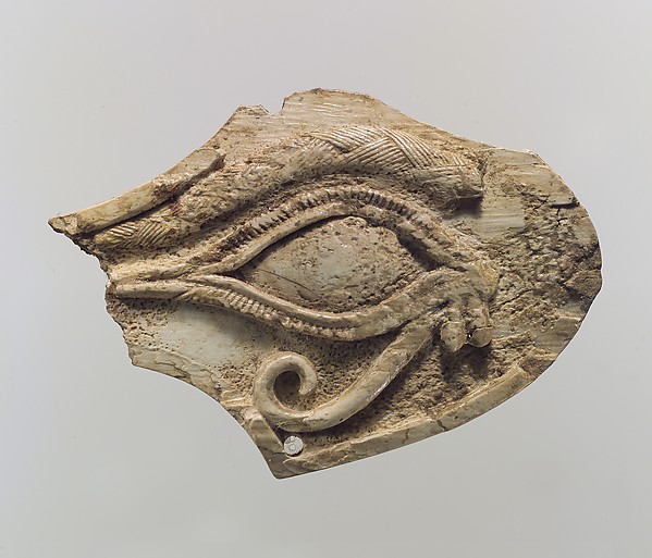 Horse blinker carved in relief with a wedjat eye 3.23 x 2.2 x 0.31 in. (8.2 x 5.59 x 0.79 cm)