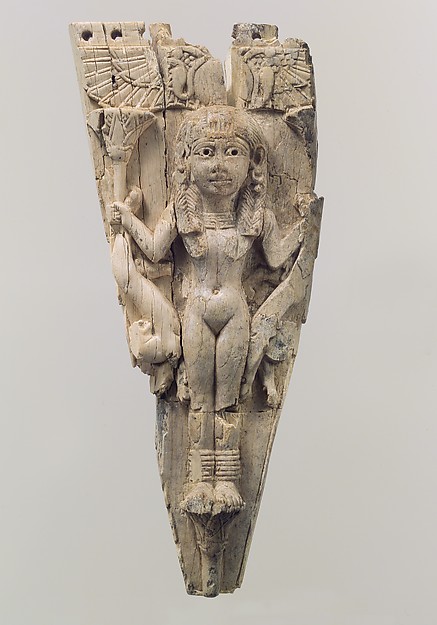 Horse frontlet carved in relief with a female figure flanked by lions 6.38 x 2.6 in. (16.21 x 6.6 cm)