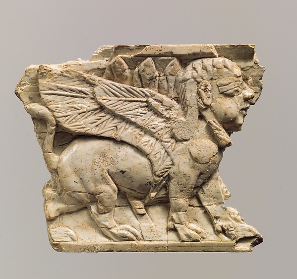 Furniture plaque carved in relief with sphinx 2.44 x 2.99 x 0.31 in. (6.2 x 7.59 x 0.79 cm)