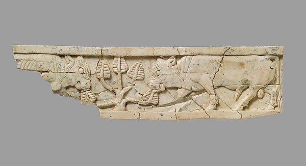 Furniture plaque carved in relief with bulls and tree 1.61 x 5.98 x 0.24 in. (4.09 x 15.19 x 0.61 cm)