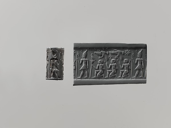 Cylinder seal and modern impression: pharaoh wearing Double Crown, kneeling figures below vultures holding shn symbols; ankh 0.73 x 0.39 in. (1.85 x 0.99 cm)