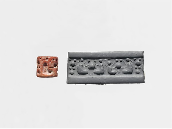 Cylinder seal and modern impression: seated "pigtailed ladies" and pots H. 3/4 in. (1.9 cm); Diam. 13/16 in. (2.1 cm)
