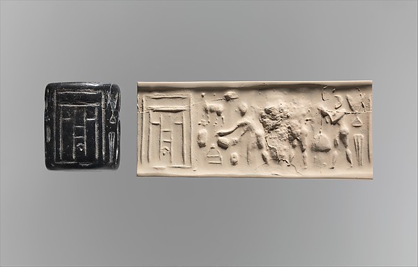 Cylinder seal and modern impression: ritual scene before a temple facade H. 4.5 cm (1 3/4 in.)
