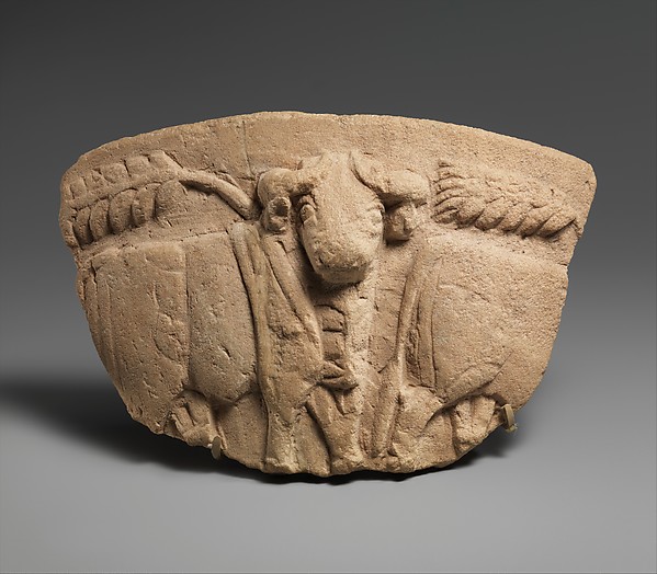 Fragment of a vessel with wheat stalks and a procession of bulls in relief W. 17.2 cm (6 3/4 in.)