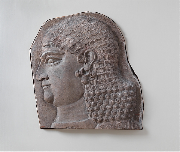 Head of a beardless royal attendant, possibly a eunuch 21 1/2 x 19 in. (54.6 x 48.3 cm)