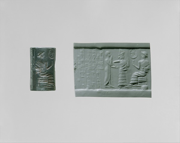 Cylinder seal: seated figure approached by a goddess leading a worshiper H. 1 1/8 x Diam. 11/16 in. (2.8 x 1.7 cm)