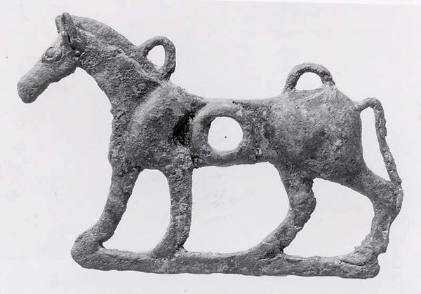 Horse bit cheekpiece in form of a striding horse 3 1/2 x 5 1/2 x 11/16 in. (8.9 x 14 x 1.8 cm)