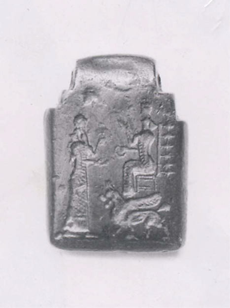 <bdi class="metadata-value">Amulet with fighting demons; on reverse: Ishtar enthroned and worshiper 1 5/8 × 1 3/16 × 3/8 in. (4.2 × 3 × 1 cm)</bdi>