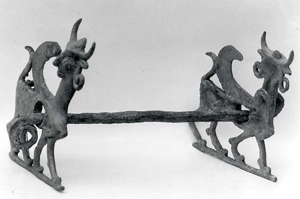 Horse bit with cheekpieces in form of a winged sphinx 4.53 x 4.37 in. (11.51 x 11.1 cm)