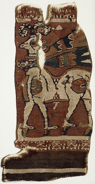 Textile fragment: walking ram with a neckband and fluttering ribbons 21.8 x 10.5 cm