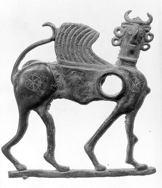 Horse bit cheekpiece in form of a winged, human-headed quadruped 6.46 x 5.87 in. (16.41 x 14.91 cm)