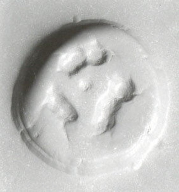 Drilled hemispheroid seal Depth: 2.93 x 5. cm (?) Height: 1.21 cm String Hole: 0.4 cm