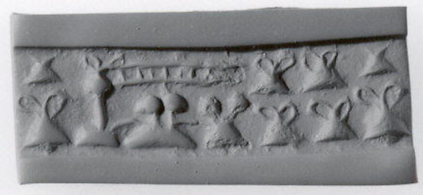 Cylinder seal and modern impression: "pigtailed" ladies in front of loom (?); containers with loop handle 0.5 x 0.57 in. (1.27 x 1.45 cm)