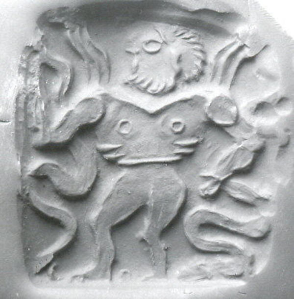 Double-sided stamp seal: nude winged hero dominating snakes; winged dragon 1.85 x 1.61 x 0.51 in. (4.7 x 4.09 x 1.3 cm)