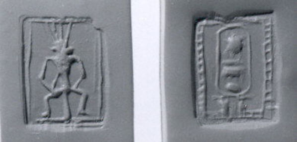Stamp seal: Bes; cartouche of Men-kheper-re (Thutmose III) 0.24 x 0.51 x 0.67 in. (0.61 x 1.3 x 1.7 cm)