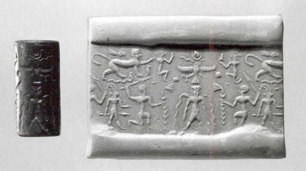 Cylinder seal and modern impression: bearded deity flanked by kneeling ...