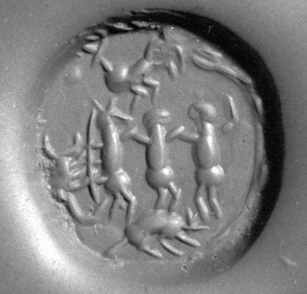 Stamp seal and modern impression: dancing figures and rearing animal 0.63 in. (1.6 cm)