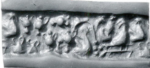 Cylinder seal and modern impression: female figure seated on a platform with "pigtailed ladies" and pots 0.79 in. (2.01 cm)