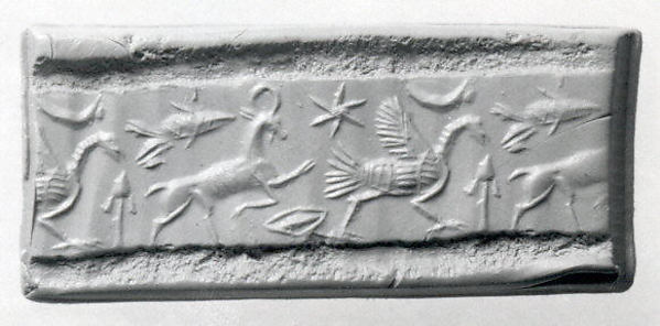 Cylinder seal and modern impression: ostrich, ibex, and fish 1.38 in. (3.51 cm)