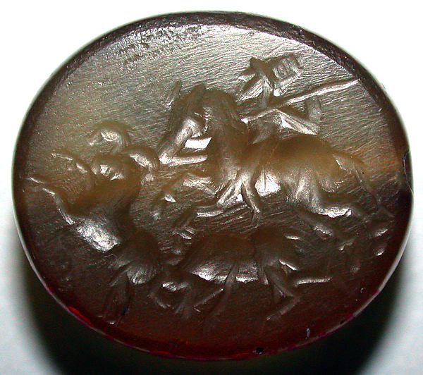 Stamp seal and modern impression: hunter on horse attacking rams H. 13/16 in. (2 cm); Diam. 7/8 in. (2.3 cm)