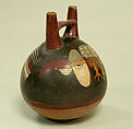 Double Spout and Bridge Bottle with Birds, Ceramic, pigment, Nasca