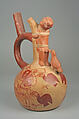 Stirrup Spout Bottle with Nude Man and Bird, Ceramic, pigment, Moche
