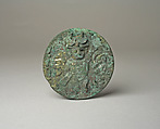 Earflare Frontal, Gilded copper, stone, Moche