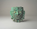 Face Mask Ornament, Silvered copper, shell, Moche