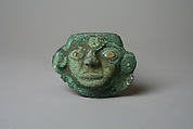 Face Mask Ornament, Gilded copper, shell, turquoise, Moche