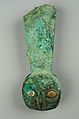 Owl Tab Ornament, Silvered copper, shell, stone, Moche