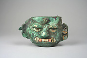 Face Mask Ornament, Silvered copper, shell, turquoise, Moche
