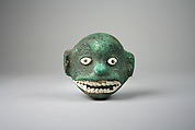 Face Mask Ornament, Gilded copper, shell, feathers, Moche