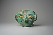 Face Mask Ornament, Gilded copper, shell, turquoise (?), Moche