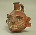 Single Spout Bottle with Fanged Face, Ceramic, Vicús