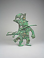 Profile Warrior Ornament, Gilded copper, shell turquoise, Moche