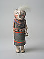 Katsina doll with white feather tuft, Wood, paint, feathers, cloth, Hopi