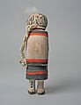 Katsina doll with white feather tuft, Wood, paint, feathers, cloth, Hopi