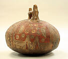 Painted bridge and spout bottle, Ceramic, pigment, Paracas