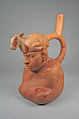 Stirrup spout bottle with figure with llama headdress, Ceramic, slip, Moche