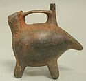 Double Spout and Bridge Bottle in Feline Shape, Ceramic, pigment, Paracas